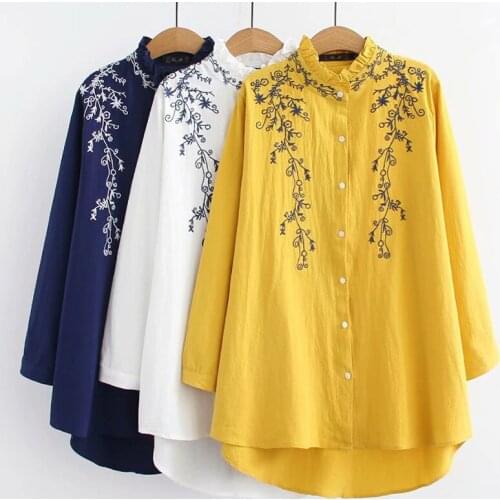 Spring Fall Casual Women Feamle Ruffle Neck Yellow White Long Sleeve Linen Blouse Top, Womens Embroidery Cardigan Blouses Tops