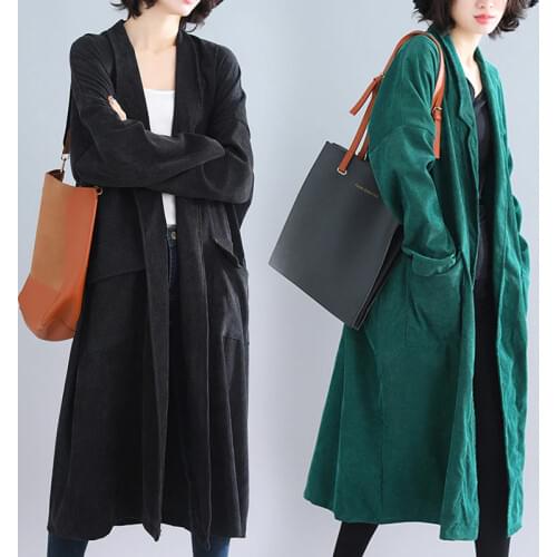 2020 Autumn Winter Corduroy Jacket Women Plus Size Long Coat Vintage Loose Cardigan Windbreaker Oversized Female Outerwear