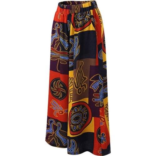 Retro Print Women Drop-crotch Long Pants Wide Harem Linen Trousers Elastic Waist Loose Casual Each Trousers