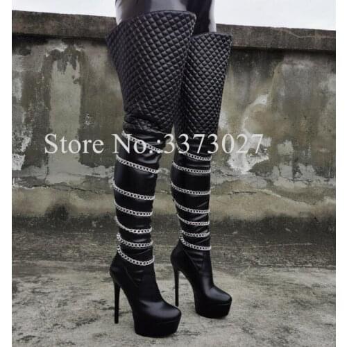 Woman Fashion Design Chains Decor Long Boots Sexy Lady Black Leather Platform Thigh High Boots Female Banquet Boots Dropship