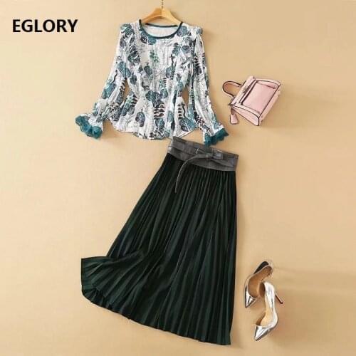 High Quality Womens Set 2021 Spring Summer Skirt Set Female Vintage Print Long Sleeve Tops Blouse+Pleated Skirt Suits & Sets