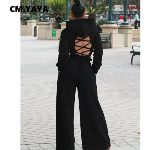 CM.YAYA Activewear Womens Set Lace Up Hooded Crop Top Straight Pants Set Sexy Club Party Tracksuit Fitness Two Piece Set Outfit