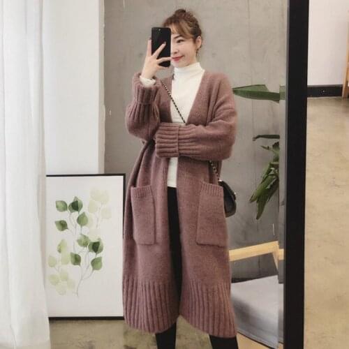 Autumn Winter Korean Thicken Knitted Long Cardigans Sweaters Coat Women Long Sleeve Pockets Loose Fashion Casual Cardigans Tops