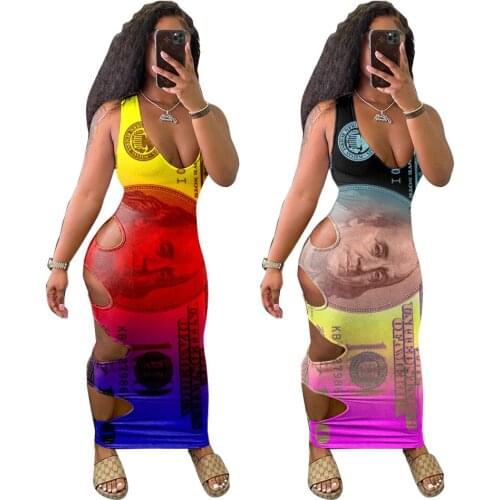 Woman Sleeveless Vest Midi dress USD Money gradient Color V Neck Hollow out Bodycon dress S-2XL GH038