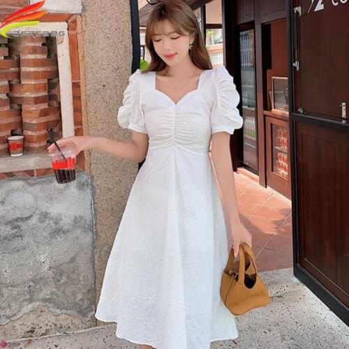Womens Summer Dress 2021 Pull Sleeve V Neck Blue Or White Dress With Bow Korean Fashion A Line Chiffon Midi Backless Dresses