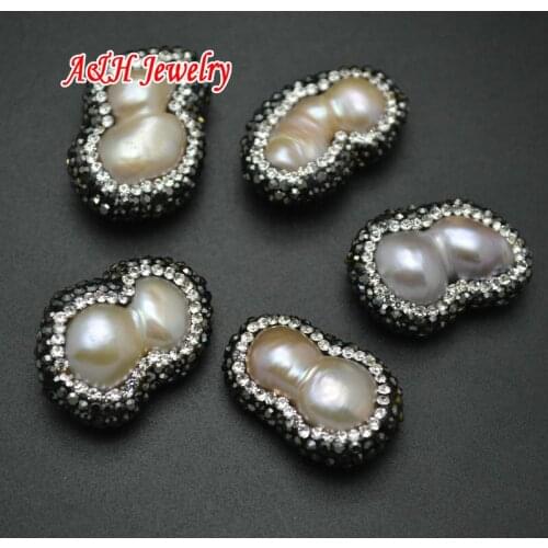 10pcs DIY Findings Natural Freshwater Pearls Calabash Shape Rhinestone Paved Beads Fit Fot Bracelets & Earrings Making Materials