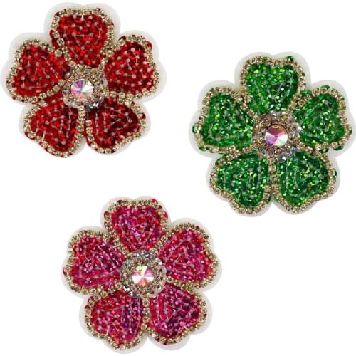 3 pieces Beaded Sequins Flowers Patches Crystal Rhinestones Badge Sew on Clothes Applique