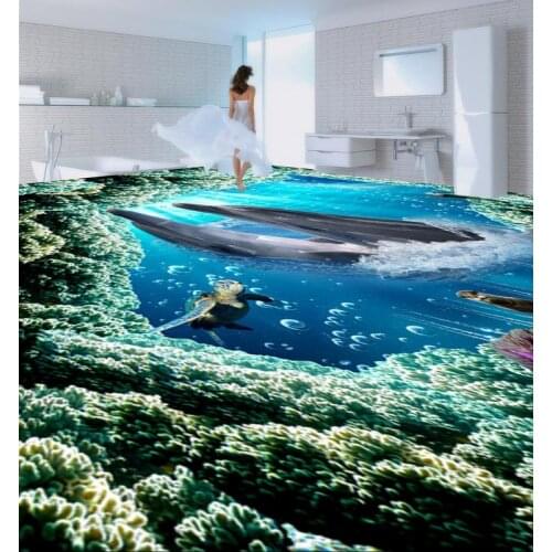 Floor wallpaper 3d for bathrooms dolphin 3D wallpaper 3d floor murals PVC waterproof floor self-adhesive 3D floor