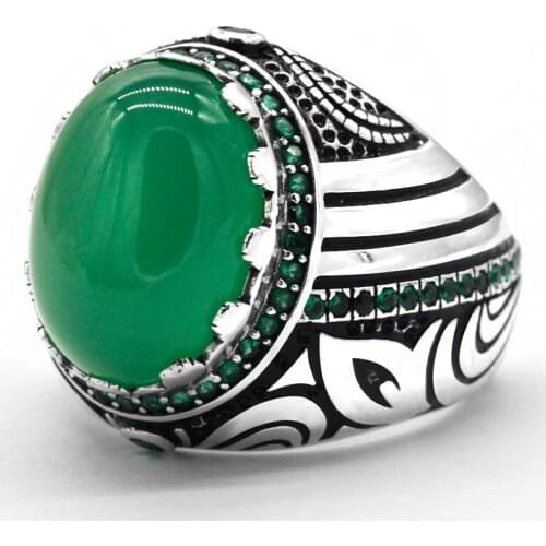 925 Sterling Silver Men Ring with Natural Green Agate Stone & Zircon Vintage Gemstone Male Ring Turkish Handmade Jewelry Gift