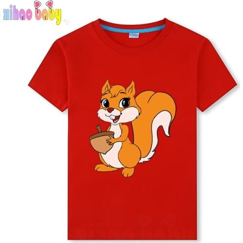 Childrens Short Sleeve T-shirt Squirrel Print Cotton Cartoon Boys And Girls Casual Tops Summer Breathable Soft Kids Clothes