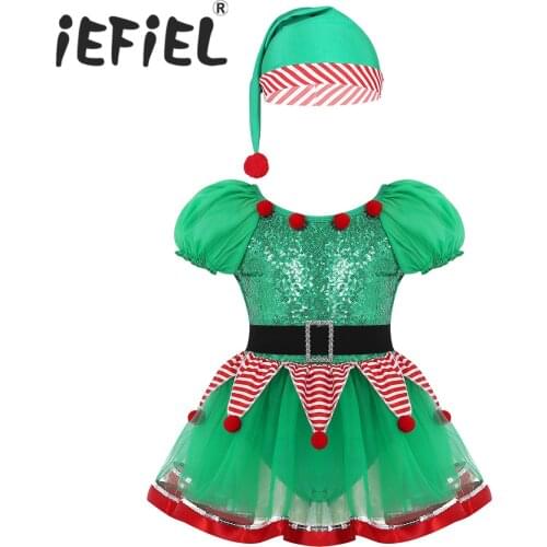 Girls Kids Green Elf Christmas Hat Dress cosplay Halloween Costume Dresses Role Play Party Outfits costumes for Carnival Cosplay