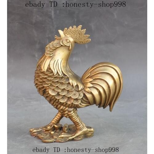 China fengshui Brass wealth money coin zodiac Cock Rooster Chicken Lucky Statue