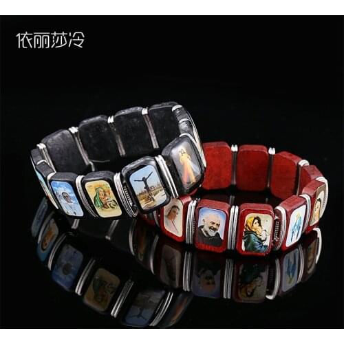 Classic Wood Rosary Beaded Bracelet, Catholic Saint Jesus Cross Mary Icon Bracelet, Charm Casual Bracelet.48pcs