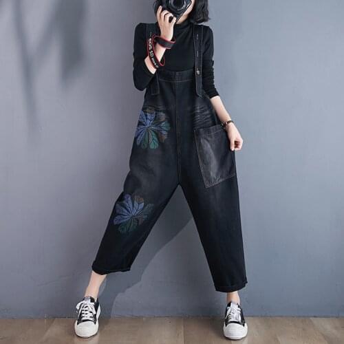 Women Spring Denim Long Jeans Playsuit Cowboy Strap Patchwork Pocket Casual Fashion Jumpsuit Romper Trousers Floral Overalls New