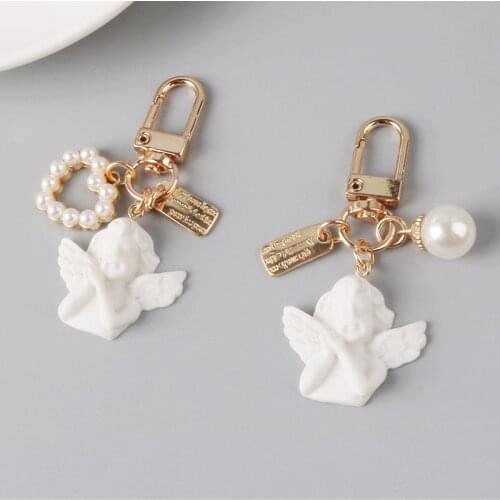 Creative Vintage White Angel Keychain Women Girl Cute Mini Pearl Heart Key Chain Car Key Ring Holder Trinket Bag Charms Jewelry