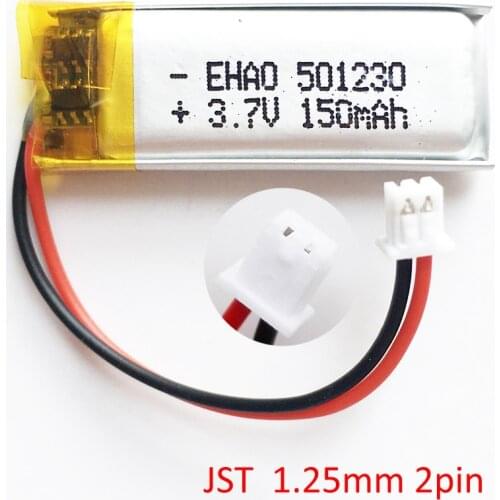 3.7V 150mAh Lithium Polymer LiPo Rechargeable Battery 501230 + JST 1.25mm 2 pin connector For Mp3 GPS PSP bluetooth headphone