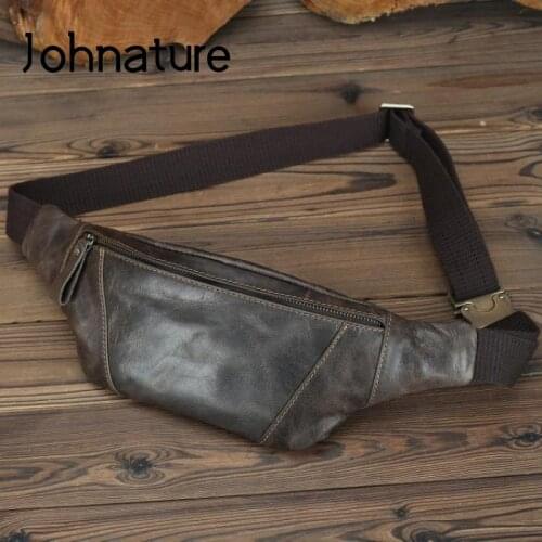 Johnature Genuine Leather Men Waist Pack 2021 New Vintage First Layer Cowhide Outdoor Sports Small Phone Bag Male Shoulder Bags