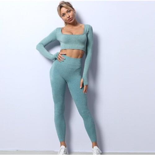 Workout Clothes for Women 2pcs Yoga Set Solid Color Sportswear Seamless Long Sleeve Top High Waist tight Pant Elastic Sport Suit