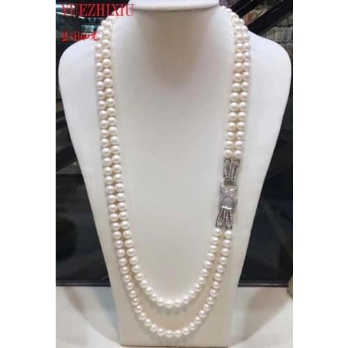 Natural freshwater pearls 7-8mm 2row necklace Bracelet womens Pearl Bead Bead long sweater chain double necklace 25-27inch