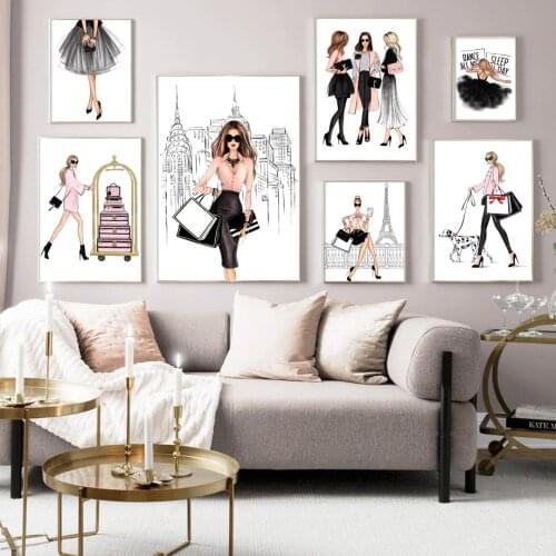 Paris Fashion Girl Bag Skirt Dog Wall Art Canvas Painting Nordic Posters And Print Girl Room Wall Pictures For Living Room Decor