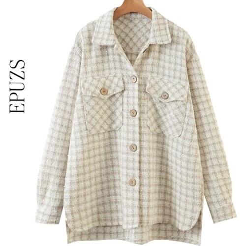 Vtainge oversize Plaid Jacket women Tweed coat Long Sleeve coat and jacket female thick korean Outerwear 2020