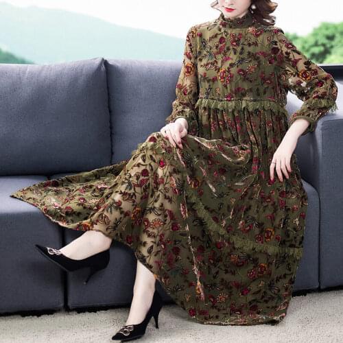 Spring Autumn Dress Women 2021 Fashion Elegant Long Sleeve Printed Pretty Lace Flower Robes Plus Size Loose Korean Clothes y1295