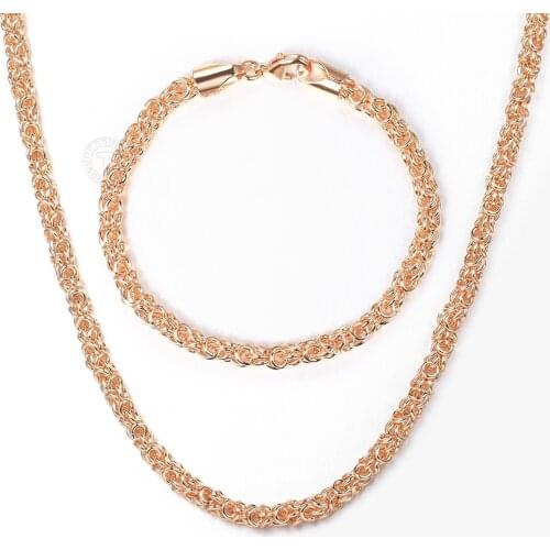 Simple 585 Rose Gold Jewelry Sets for Women Men Popcorn Weaving Link Chain Bracelet Necklace Set Birthday Gifts CS25