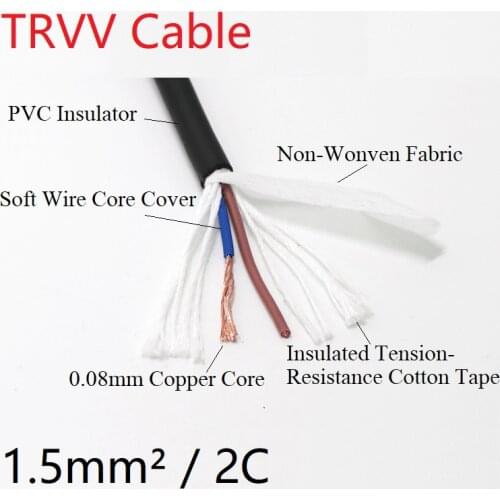 Square 1.5mm TRVV Towline Cable 2Core Sheath Copper Wire Soft PVC Insulated Power Drag Chain Line Bend Resistance Black