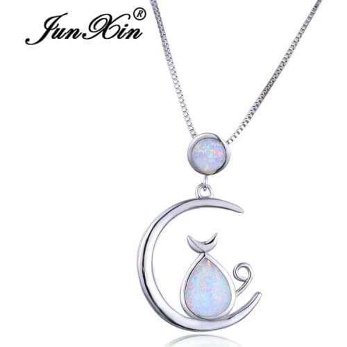 JUNXIN Cute Moon Cat Pendant Necklaces For Women Silver Color Female Teardrop White Fire Opal Necklace Wedding Jewelry