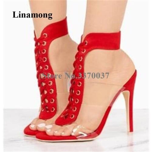 New Design Peep Toe PVC Stiletto Heel Suede Leather Gladiator Sandals Lace-up Transparent Straps Red Black High Heel Sandals