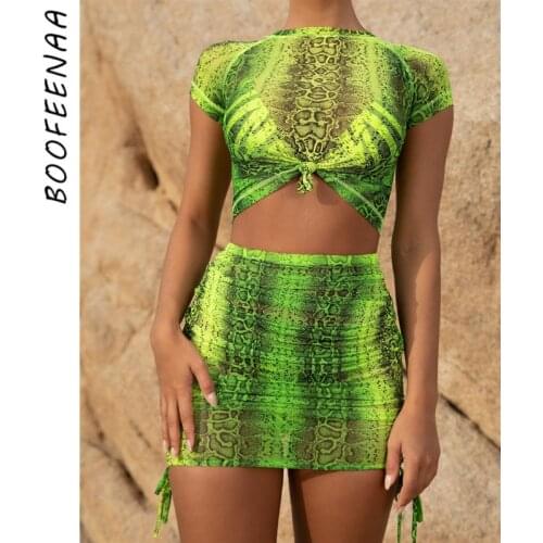 BOOFEENAA Serpentine Print Sexy Summer 2 Piece Set Women Sheer Mesh Neon Green Pink Two Piece Bodycon Dress Club Outfits C37AA46