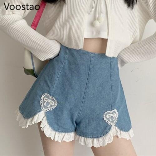 Sweet Lolita Style Shorts Women Harajuku Cute Lace Ruffles Denim Short Pants Japanese Girls Sexy Punk High Waist Shorts 2021 New