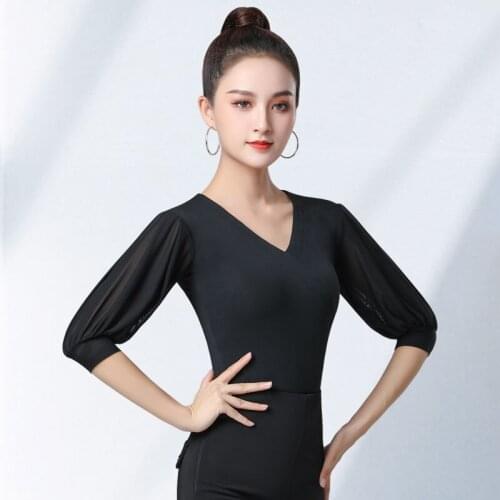 Doubl Modern Dance Top Summer Female Stretch Bamboo Fiber Bubble Sleeve Jitterba Dance Costume New Clothes Slim Girl Elastic