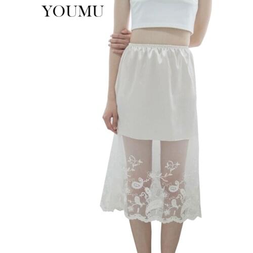 Women Sweet A-Line Skirt White Lace Half Slip Hollowing Floral Print Empire Waist Knee-Length Skirt Ladies Elegant 200-A809