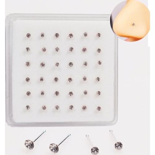 925 Sterling Silver nose stud 2mm 2.5mm clear crystal nose Piercing nose ring nariz Piercing body jewelry 36pcs/pack