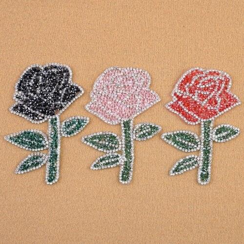 1pcs Sparkling Flower Embroidery Sew Patches for Clothing By Diamond Rhinestones Black Iron on Stick Applique Jersey