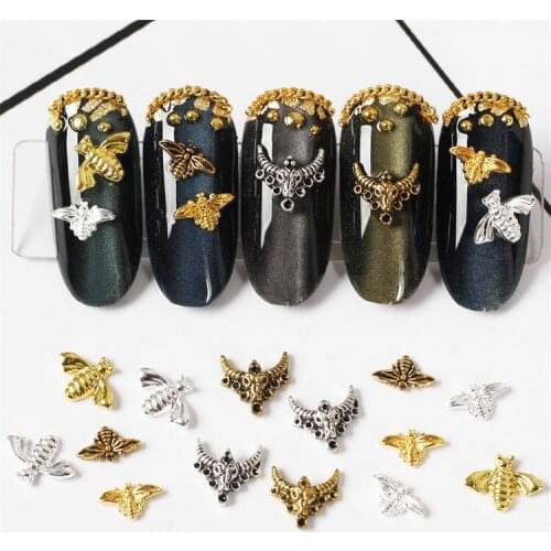 100pcs/lot 3D Alloy Bee Cow head Nail Art Gold Nail Rivets & Studs Manicure Nail Art Accessories Nail Decoration Nails Charms