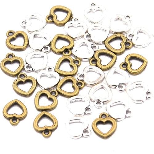 100PCS 10*12mm Metal Alloy Two Color Small Hollow Love Charms Heart Pendants For Jewelry Making DIY Handmade Craft