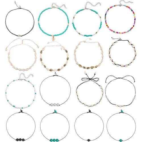 16 Pcs/Sets Vintage Bride Wedding Long Chain Choker Necklace Women Charm Alloy Shell Adjustable Beads Necklace