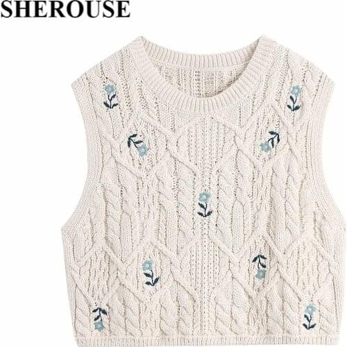 2021 Women Fashion Knitted Embroidery Tank Top O-Neck Cropped Female Vintage Sweater Vest Chic Tops