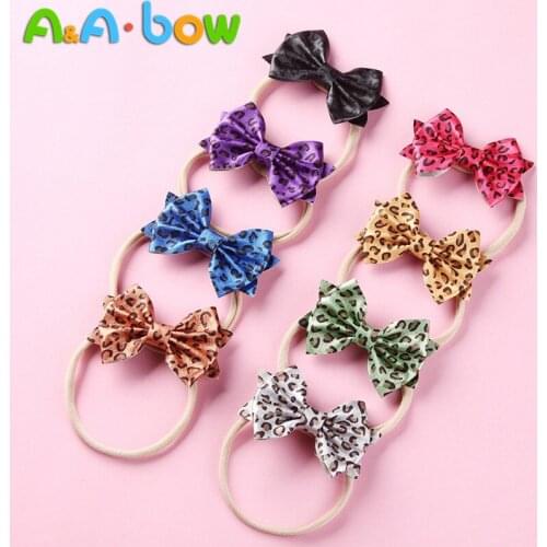 8PCS Leopard Bow Nylon Headband for Baby Girls, Leather Print Bowknot Hair Accessories ,Cute Headwear Hairbands Birthday Gifts