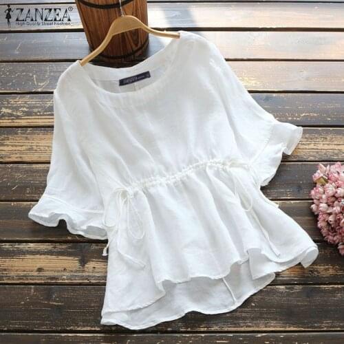 Women Summer Solid Flare Short Sleeve Blouse ZANZEA Cotton Drawstring Tops Casual Elegant O Neck Shirts Tunic Blusas