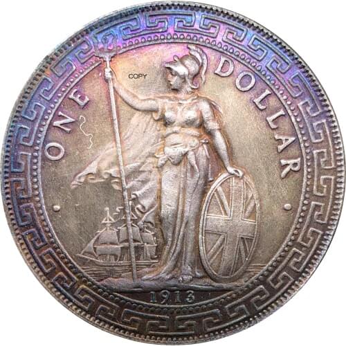 United Kingdom 1 Dollar British Trade Dollar 1913 One Dollar Cupronickel Plated Silver Hong Kong Yi Yuan Copy Coin