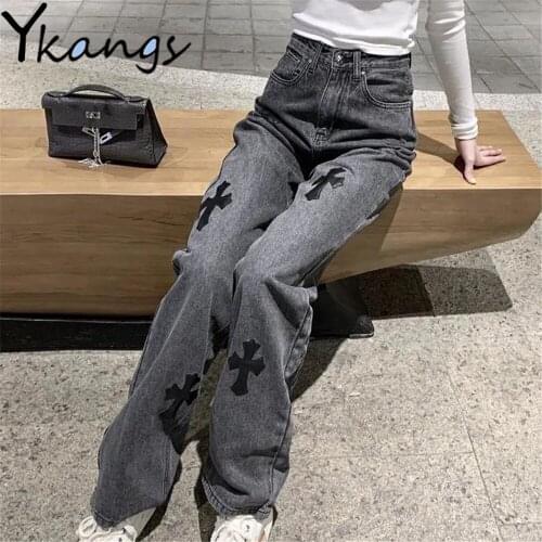 Gothic Pu Leather Patch Jeans Trend High Waist Straight-Leg Pants Harajuku Design Women Trousers Vintage Korean Style Streetwear