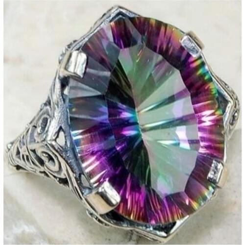 FDLK Vintage Alloy Ring Oval Cut Mystic Rainbow Color Engagement Crystal Jewelry Birthday Gift Wedding Engagement Ring