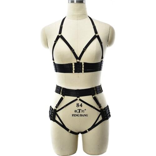 JLX.HARNESS Body Bondage Sexy Lingerie Set Black Edgy Open Chest Cage Bra Goth Rave Women Sexy Harness Thongs G-string Set