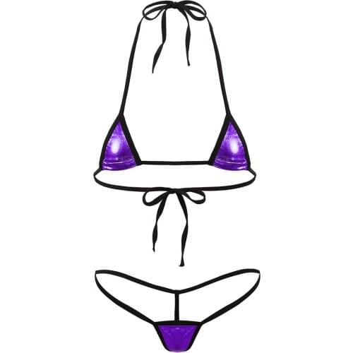 Women Erotic Lingerie Set Shiny Metallic Halter Tie-on Mini Bikini Bra Tops with G-String Sexy Underwear Beachwear Rave Clothes