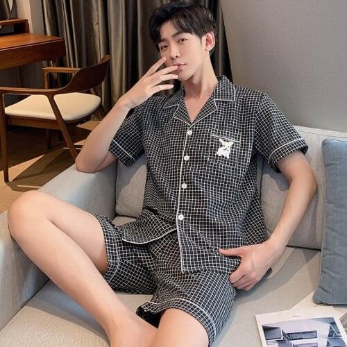 Summer Mens Plaid Pyjamas Simple Plaid Print Cotton Nightwear Men Pj Short Sleeve Shorts Sleepwear Boys' Home Wear Suit