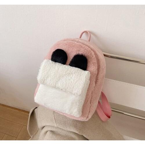 Kawaii Soft Furry Mini Backpacks Korean Plush Backpack Women Cute Ears Faux Fur Shoulders Bag Girl Fluffy Bag 2021 Winter New