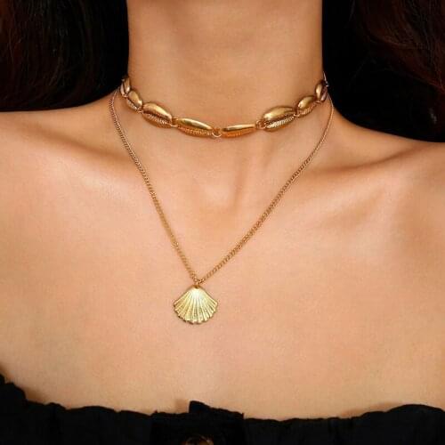 FSUNION New Multilayer Shell Trendy NecklacGold Color Long Chain Seashell Ocean Beach Boho Pendant Necklaces For Women jewlery
